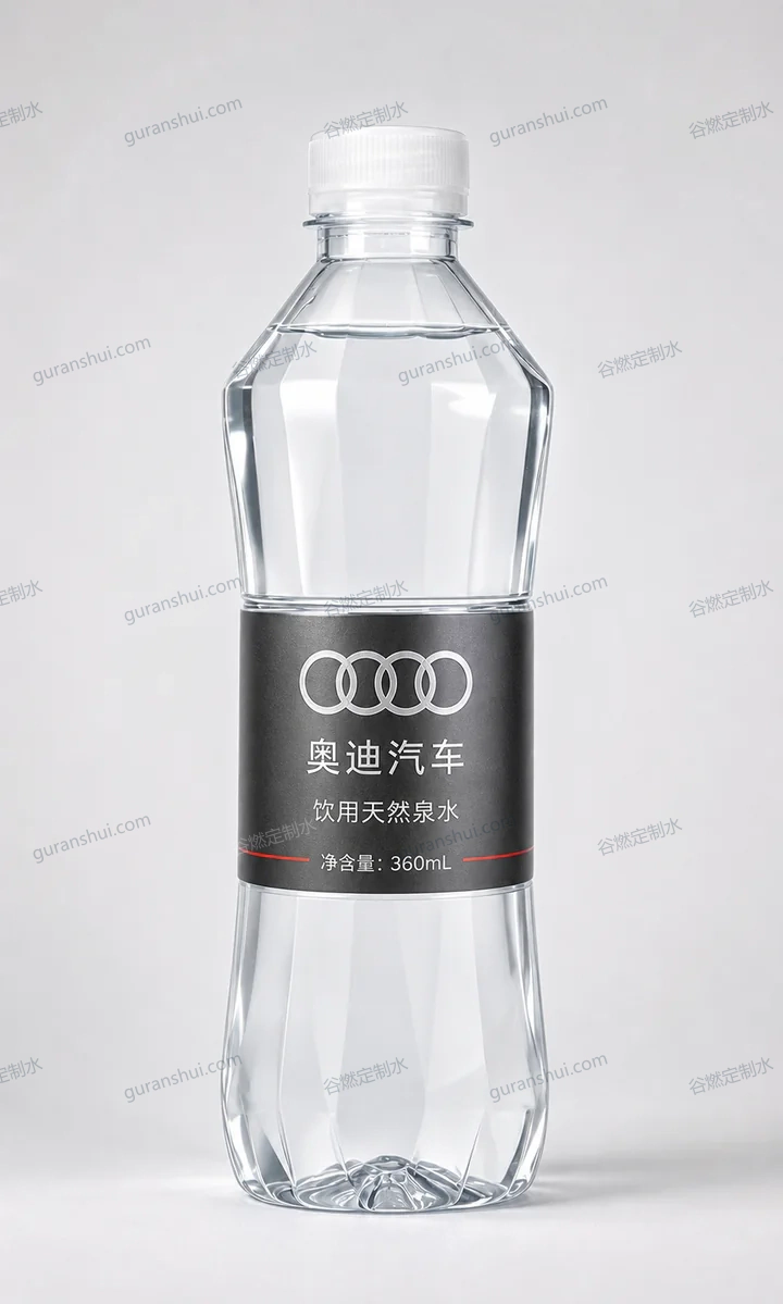汽车门店接待定制水|深色棱面瓶方案瓶身与标签呈现