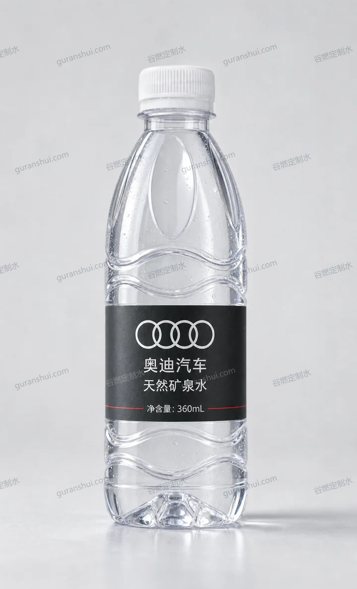 汽车门店接待定制水｜深色波纹瓶方案瓶身与标签呈现
