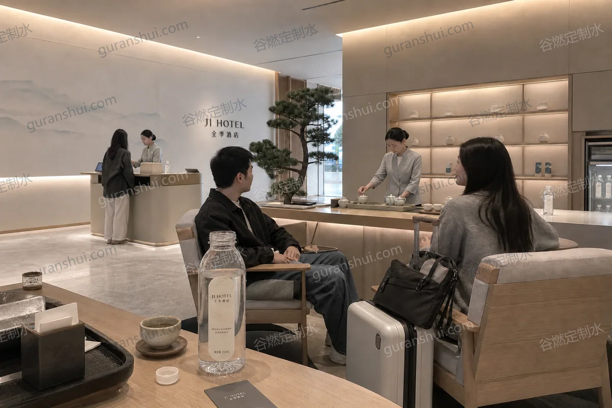 酒店茶空间定制水｜圆肩瓶350mL场景示意
