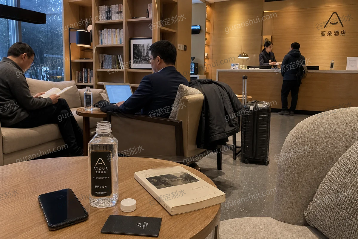 酒店大堂接待定制水|方肩瓶350mL场景示意