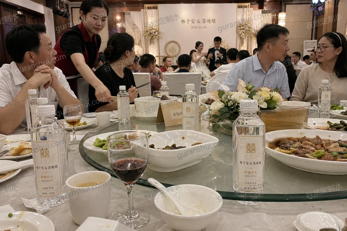 婚礼宴席定制水|方肩瓶350mL场景示意