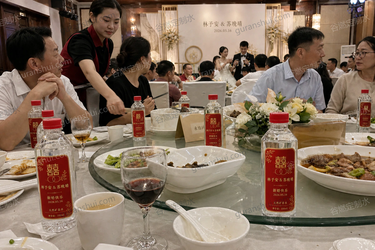婚礼宴席定制水|方肩瓶350mL场景示意
