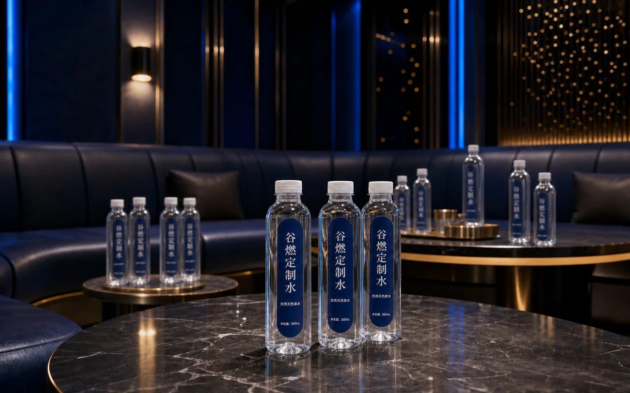谷燃定制水360mL直筒瓶饮用天然泉水在KTV包厢桌面多瓶接待场景
