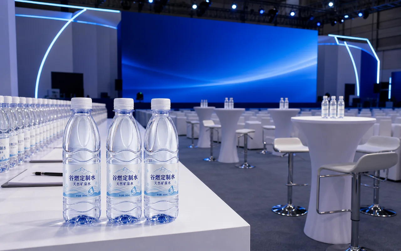 谷燃定制水360mL波纹瓶天然矿泉水在发布会和展会交流区多瓶陈列场景